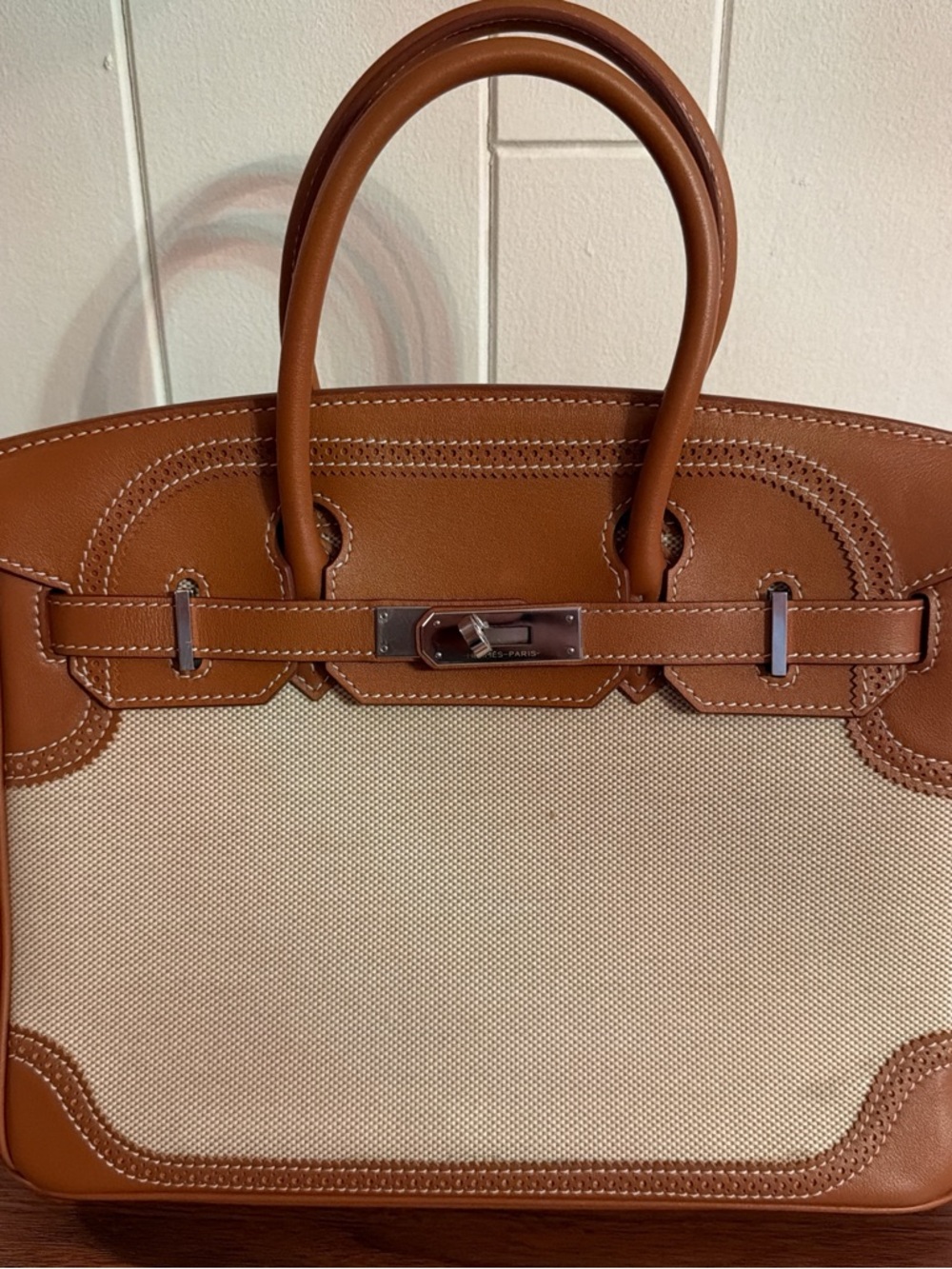 Canvas and Brown Leather Tote Handbag